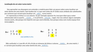 Coordenadoria de Educação 
Matemática - 2°ANO 
1° Bimestre 2014 
28 
Localização de um vetor numa matriz 
Vou aproveitar seu desespero em entender a matéria para falar um pouco sobre como localizar um 
vetor dentro de uma matriz. Sem lembra do i e j que vem antes do A? Então esses símbolo são substituídos 
por números que servem para localizar um _______ numa matriz. 
O I representa as linhas e o J as colunas. Se por exemplo aparecer A41 isso quer dizer que o vetor 
selecionado está na quarta __________ e na primeira _________. Legal, mas vou colocar alguns exemplos 
mesmo assim, não porque me importo com que você entenda, mas porque estou com muito espaço livre 
nessa página. 
A14 - 1 2 -3 -2 
7 9 4 0 
esse carinha é o A14 
vetor 
linha coluna 
B32 - 
0 1 9 
3 4 2 
2 1 1 
totais 
Não confunda I e J com M e N. M e N são os números de linhas e colunas _________ de uma matriz. I 
e J servem para localizar uma vetor dentro de uma ________. 
matriz 
 