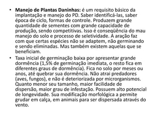 • Manejo de Plantas Daninhas: é um requisito básico da
implantação e manejo do PD. Saber identificá-las, saber
época de ciclo, formas de controle. Produzem grande
quantidade de sementes com grande capacidade de
produção, sendo competitivas. Isso é conseqüência do mau
manejo do solo e processo de seletividade. A aração faz
com que certas espécies não se adaptem, não germinando
e sendo eliminadas. Mas também existem aquelas que se
beneficiam.
• Taxa inicial de germinação baixa por apresentar grande
dormência (1,5% de germinação imediata, o resto fica em
diferentes graus de dormência). Fica no solo por meses ou
anos, até quebrar sua dormência. Não atrai predadores
(aves, fungos), e não é deteriorizada por microrganismos.
Quanto menor seu tamanho, maior facilidade de
dispersão, maior grau de infestação. Possuem alto potencial
de longevidade. Sua modificação morfológica a permite
grudar em calça, em animais para ser dispersada através do
vento.
 