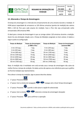 RESUMO DE OPERAÇÃO DO
HVM100
Documento
PRC-0000
Revisão
04
Emissão
Jul/13
Página
9/12
12. Alterando o Tempo de Amostragem:
O tempo de amostragem é o intervalo de armazenamento de uma amostra durante a medição. O
HVM possui capacidade de armazenar as 120 últimas amostras (pontos de medição) dos valores
RMS e 120 de Pico para cada arquivo de medição. Caso o Pico não seja armazenado serão
armazenados 240 amostras RMS.
O ideal para o tempo de Amostragem é que se consiga coletar 120 amostras durante a medição.
Assim há uma diretação relação com o Tempo de Medição congirado no item anteior. A tabela a
seguir auxilia na configuração
Tempo de Medição Tempo de Amostragem
p/ RMS e Pico
Tempo de Medição Tempo de Amostragem
semente RMS
2 min (120 seg.) 1 seg. 4 min (240 seg.) 1 seg.
4 min (240 seg.) 2 seg. 8 min (480 seg.) 2 seg.
10 min (600 seg.) 5 seg. 20 min (1200 seg.) 5 seg.
20 min (1200 seg.) 10 seg. 40 min (2400 seg.) 10 seg.
40 min (2400 seg.) 20 seg. 60 min (3600 seg.) 20 seg.
60 min (3600 seg.) 30 seg. 120 min (7200 seg.) 30 seg.
120 min (7200 seg.) 60 seg. 240 min (14400 seg.) 60 seg.
Nota: A medição não é invalidade nem está esrrada caso o tempo de amostragem não cubra da
melhor forma o tempo de emdição. Os dados acima são apenas uma referência para que o gráfico
ao final da medição seja representativo.
Para alterar o tempo de medição, siga os passos descritos abaixo:
● 1° passo: Pressione
● 2° passo: Com as teclas de navegação navegue até o título Tempo Amostragem
● 3° passo: Pressione quando o valor piscar a opção foi selecionada
● 4° passo: Com as teclas selecione o tempo de amostragem desejado
● 5° passo: Pressione para confirmar a operação
Documento confidencial - Todos os direitos pertencem a GROM, sendo vedado a publicação total ou parcial
 