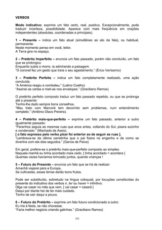 VERBOS

Modo indicativo: exprime um fato certo, real, positivo. Excepcionalmente, pode
traduzir incerteza, possibilidade. Aparece com mais freqüência em orações
independentes (absolutas, coordenadas e principais).

1 – Presente – indica um fato atual (simultâneo ao ato da fala), ou habitual,
permanente:
Neste momento penso em você, leitor.
A Terra gira no espaço.

2 – Pretérito Imperfeito – enuncia um fato passado, porém não concluído, um fato
que se prolongou:
Enquanto subia o morro, ia admirando a paisagem.
“O coronel fez um gesto que traía o seu agastamento.” (Érico Veríssimo)

3 – Pretérito Perfeito – indica um fato completamente realizado, uma ação
concluída:
“A América reagiu e combateu.” (Latino Coelho)
“Assinei as cartas e meti-as nos envelopes.” (Graciliano Ramos)

O pretérito perfeito composto traduz um fato passado repetido, ou que se prolonga
até o presente:
Tenho-lhe dado sempre bons conselhos.
“Meu trato com Marcoré tem decorrido sem problemas, num entendimento
completo.” (Antônio Olavo Pereira).

4 – Pretérito mais-que-perfeito – exprime um fato passado, anterior a outro
igualmente passado:
“Paranhos seguia as mesmas ruas que anos antes, voltando do Sul, pisara sozinho
e condenado.” (Machado de Assis).
[ o fato expresso pelo verbo pisar foi anterior ao de seguir as ruas ].
“Lembrava-se da última carretinha que o pai fizera no engenho e de como se
divertira com ela dias seguidos.” (Garcia de Paiva)

Em geral, prefere-se o pretérito mais-que-perfeito composto ao simples:
Naquela manhã eu tinha acordado mais cedo. [ tinha acordado = acordara ]
Quantas vezes havíamos brincado juntos, quando crianças !

5 – Futuro do Presente – enuncia um fato que se há de realizar:
Amanhã viajarei para a Europa.
Se cultivadas, essas terras darão bons frutos.

Pode ser substituído, sobretudo na língua coloquial, por locuções constituídas do
presente do indicativo dos verbos ir, ter ou haver + infinitivo:
Olga vai casar no mês que vem. [ vai casar = casará ]
Daqui por diante hei de ter mais cuidado.
Tenho de sair daqui a pouco.

6 – Futuro do Pretérito – exprime um fato futuro condicionado a outro:
Eu iria à festa, se não chovesse.
“Faria melhor negócio criando galinhas.” (Graciliano Ramos)

                                        183
 