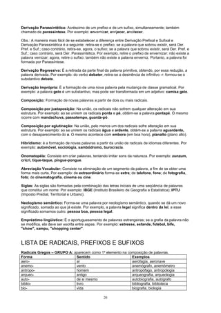 Derivação Parassintética: Acréscimo de um prefixo e de um sufixo, simultaneamente; também
chamado de parassíntese. Por exemplo: envernizar, enrijecer, anoitecer.

Obs.: A maneira mais fácil de se estabelecer a diferença entre Derivação Prefixal e Sufixal e
Derivação Parassintética é a seguinte: retira-se o prefixo; se a palavra que sobrou existir, será Der.
Pref. e Suf.; caso contrário, retira-se, agora, o sufixo; se a palavra que sobrou existir, será Der. Pref. e
Suf.; caso contrário, será Der. Parassintética. Por exemplo, retire o prefixo de envernizar: não existe a
palavra vernizar; agora, retire o sufixo: também não existe a palavra enverniz. Portanto, a palavra foi
formada por Parassíntese.

Derivação Regressiva: É a retirada da parte final da palavra primitiva, obtendo, por essa redução, a
palavra derivada. Por exemplo: do verbo debater, retira-se a desinência de infinitivo -r: formou-se o
substantivo debate.

Derivação Imprópria: É a formação de uma nova palavra pela mudança de classe gramatical. Por
exemplo: a palavra gelo é um substantivo, mas pode ser transformada em um adjetivo: camisa gelo.

Composição: Formação de novas palavras a partir de dois ou mais radicais.

Composição por justaposição: Na união, os radicais não sofrem qualquer alteração em sua
estrutura. Por exemplo: ao se unirem os radicais ponta e pé, obtém-se a palavra pontapé. O mesmo
ocorre com mandachuva, passatempo, guarda-pó.

Composição por aglutinação: Na união, pelo menos um dos radicais sofre alteração em sua
estrutura. Por exemplo: ao se unirem os radicais água e ardente, obtém-se a palavra aguardente,
com o desaparecimento do a. O mesmo acontece com embora (em boa hora), planalto (plano alto).

Hibridismo: é a formação de novas palavras a partir da união de radicais de idiomas diferentes. Por
exemplo: automóvel, sociologia, sambódromo, burocracia.

Onomatopéia: Consiste em criar palavras, tentando imitar sons da natureza. Por exemplo: zunzum,
cricri, tique-taque, pingue-pongue.

Abreviação Vocabular: Consiste na eliminação de um segmento da palavra, a fim de se obter uma
forma mais curta. Por exemplo: de extraordinário forma-se extra; de telefone, fone; de fotografia,
foto; de cinematografia, cinema ou cine.

Siglas: As siglas são formadas pela combinação das letras iniciais de uma seqüência de palavras
que constitui um nome: Por exemplo: IBGE (Instituto Brasileiro de Geografia e Estatística); IPTU
(Imposto Predial, Territorial e Urbano).

Neologismo semântico: Forma-se uma palavra por neologismo semântico, quando se dá um novo
significado, somado ao que já existe. Por exemplo, a palavra legal significa dentro da lei; a esse
significado somamos outro: pessoa boa, pessoa legal.

Empréstimo lingüístico: É o aportuguesamento de palavras estrangeiras; se a grafia da palavra não
se modifica, ela deve ser escrita entre aspas. Por exemplo: estresse, estande, futebol, bife,
"show", xampu, "shopping center".



LISTA DE RADICAIS, PREFIXOS E SUFIXOS
Radicais Gregos – GRUPO A: aparecem como 1º elemento na composição de palavras.
Forma                       Sentido                       Exemplos
aero-                       ar                            aerofagia, aeronave
anemo-                      vento                         anemógrafo, anemômetro
antropo-                    homem                         antropófago, antropologia
arqueo-                     antigo                        arqueografia, arqueologia
auto-                       de si mesmo                   autobiografia, autógrafo
biblio-                     livro                         bibliografia, biblioteca
bio-                        vida                          biografia, biologia

                                                    20
 