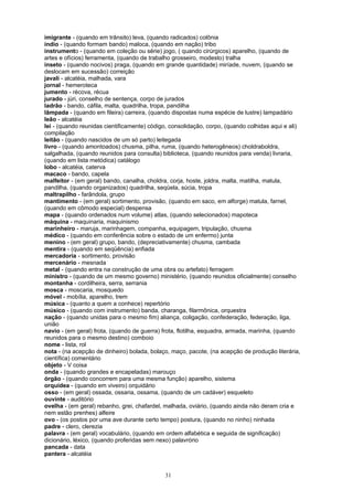 imigrante - (quando em trânsito) leva, (quando radicados) colônia
índio - (quando formam bando) maloca, (quando em nação) tribo
instrumento - (quando em coleção ou série) jogo, ( quando cirúrgicos) aparelho, (quando de
artes e ofícios) ferramenta, (quando de trabalho grosseiro, modesto) tralha
inseto - (quando nocivos) praga, (quando em grande quantidade) miríade, nuvem, (quando se
deslocam em sucessão) correição
javali - alcatéia, malhada, vara
jornal - hemeroteca
jumento - récova, récua
jurado - júri, conselho de sentença, corpo de jurados
ladrão - bando, cáfila, malta, quadrilha, tropa, pandilha
lâmpada - (quando em fileira) carreira, (quando dispostas numa espécie de lustre) lampadário
leão - alcatéia
lei - (quando reunidas cientificamente) código, consolidação, corpo, (quando colhidas aqui e ali)
compilação
leitão - (quando nascidos de um só parto) leitegada
livro - (quando amontoados) chusma, pilha, ruma, (quando heterogêneos) choldraboldra,
salgalhada, (quando reunidos para consulta) biblioteca, (quando reunidos para venda) livraria,
(quando em lista metódica) catálogo
lobo - alcatéia, caterva
macaco - bando, capela
malfeitor - (em geral) bando, canalha, choldra, corja, hoste, joldra, malta, matilha, matula,
pandilha, (quando organizados) quadrilha, seqüela, súcia, tropa
maltrapilho - farândola, grupo
mantimento - (em geral) sortimento, provisão, (quando em saco, em alforge) matula, farnel,
(quando em cômodo especial) despensa
mapa - (quando ordenados num volume) atlas, (quando selecionados) mapoteca
máquina - maquinaria, maquinismo
marinheiro - maruja, marinhagem, companha, equipagem, tripulação, chusma
médico - (quando em conferência sobre o estado de um enfermo) junta
menino - (em geral) grupo, bando, (depreciativamente) chusma, cambada
mentira - (quando em seqüência) enfiada
mercadoria - sortimento, provisão
mercenário - mesnada
metal - (quando entra na construção de uma obra ou artefato) ferragem
ministro - (quando de um mesmo governo) ministério, (quando reunidos oficialmente) conselho
montanha - cordilheira, serra, serrania
mosca - moscaria, mosquedo
móvel - mobília, aparelho, trem
música - (quanto a quem a conhece) repertório
músico - (quando com instrumento) banda, charanga, filarmônica, orquestra
nação - (quando unidas para o mesmo fim) aliança, coligação, confederação, federação, liga,
união
navio - (em geral) frota, (quando de guerra) frota, flotilha, esquadra, armada, marinha, (quando
reunidos para o mesmo destino) comboio
nome - lista, rol
nota - (na acepção de dinheiro) bolada, bolaço, maço, pacote, (na acepção de produção literária,
científica) comentário
objeto - V coisa
onda - (quando grandes e encapeladas) marouço
órgão - (quando concorrem para uma mesma função) aparelho, sistema
orquídea - (quando em viveiro) orquidário
osso - (em geral) ossada, ossaria, ossama, (quando de um cadáver) esqueleto
ouvinte - auditório
ovelha - (em geral) rebanho, grei, chafardel, malhada, oviário, (quando ainda não deram cria e
nem estão prenhes) alfeire
ovo - (os postos por uma ave durante certo tempo) postura, (quando no ninho) ninhada
padre - clero, clerezia
palavra - (em geral) vocabulário, (quando em ordem alfabética e seguida de significação)
dicionário, léxico, (quando proferidas sem nexo) palavrório
pancada - data
pantera - alcatéia


                                             31
 