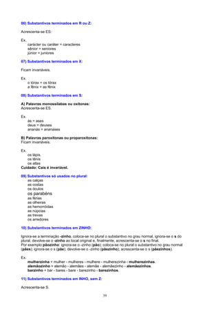 06) Substantivos terminados em R ou Z:

Acrescenta-se ES:

Ex.
      carácter ou caráter = caracteres
      sênior = seniores
      júnior = juniores

07) Substantivos terminados em X:

Ficam invariáveis.

Ex.
      o tórax = os tórax
      a fênix = as fênix

08) Substantivos terminados em S:

A) Palavras monossílabas ou oxítonas:
Acrescenta-se ES.

Ex.
      ás = ases
      deus = deuses
      ananás = ananases

B) Palavras paroxítonas ou proparoxítonas:
Ficam invariáveis.

Ex.
   os lápis.
   os tênis
   os atlas
Cuidado: Cais é invariável.

09) Substantivos só usados no plural:
    as calças
    as costas
    os óculos
      os parabéns
      as férias
      as olheiras
      as hemorróidas
      as núpcias
      as trevas
      os arredores

10) Substantivos terminados em ZINHO:

Ignora-se a terminação -zinho, coloca-se no plural o substantivo no grau normal, ignora-se o s do
plural, devolve-se o -zinho ao local original e, finalmente, acrescenta-se o s no final.
Por exemplo pãozinho: ignora-se o -zinho (pão); coloca-se no plural o substantivo no grau normal
(pães); ignora-se o s (pãe); devolve-se o -zinho (pãezinho); acrescenta-se o s (pãezinhos).

Ex.
      mulherzinha = mulher - mulheres - mulhere - mulherezinha - mulherezinhas.
      alemãozinho = alemão - alemães - alemãe - alemãezinho - alemãezinhos.
      barzinho = bar - bares - bare - barezinho - barezinhos.

11) Substantivos terminados em INHO, sem Z:

Acrescenta-se S.

                                                 39
 