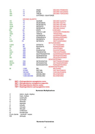 XI                 11                  ONZE             DÉCIMO PRIMEIRO
XII                12                  DOZE             DÉCIMO SEGUNDO
XIII               13                  TREZE            DÉCIMO TERCEIRO
XIV                14                  CATORZE / QUATORZE

                   DÉCIMO QUARTO
 XV                15           QUINZE                 DÉCIMO QUINTO
 XVI               16           DEZESSEIS              DÉCIMO SEXTO
 XVII              17           DEZESSETE              DÉCIMO SÉTIMO
 XVIII             18           DEZOITO                DÉCIMO OITAVO
 XIX               19           DEZENOVE               DÉCIMO NONO
XX                 20           VINTE                 VIGÉSIMO
 XXI               21           VINTE E UM             VIGÉSIMO PRIMEIRO
 XXX               30           TRINTA                 TRIGÉSIMO
 XL                40           QUARENTA               QUADRAGÉSIMO
 L                 50           CINQÜENTA              QÜINQUAGÉSIMO
 LX                60           SESSENTA               SEXAGÉSIMO
 LXX              70            SETENTA                SEPTUAGÉSIMO/
                                                  SETUAGÉSIMO
LXXX               80                  OITENTA         OCTOGÉSIMO
XC                 90                  NOVENTA         NONAGÉSIMO
C                  100                 CEM             CENTÉSIMO
CC                 200                 DUZENTOS        DUCENTÉSIMO
CCC                300                 TREZENTOS       TRECENTÉSIMO
CD                 400                 QUATROCENTOS    QUADRINGENTÉSIMO
D                  500                 QUINHENTOS      QÜINGENTÉSIMO
DC                 600                 SEISCENTOS      SEISCENTÉSIMO/
                                                  SEXCENTÉSIMO
DCC                700                 SETECENTOS      SEPTINGENTÉSIMO
DCCC               800                 OITOCENTOS      OCTINGENTÉSIMO
CM                 900                 NOVECENTOS      NONGENTÉSIMO/
                                                  NONINGENTÉSIMO
M                  1.000               MIL             MILÉSIMO
                   10.000              DEZ MIL         DEZ MILÉSIMOS
                   100.000             CEM MIL         CEM MILÉSIMOS
                   1.000.000           UM MILHÃO       MILIONÉSIMO
                   1.000.000.000       UM BILHÃO       BILIONÉSIMO

Ex:
         869º = Octingentésimo sexagésimo nono.
         582º = Qüingentésimo octogésimo segundo.
         916º = Noningentésimo décimo sexto.
         759º = Septingentésimo qüinquagésimo nono.

                                       Numerais Multiplicativos

 2             dobro, duplo, dúplice
 3             triplo, tríplice
 4             quádruplo
 5             quíntuplo
 6             sêxtuplo
 7             séptuplo
 8             óctuplo
 9             nônuplo
10             décuplo
11             undéclupo
12             duodécuplo
13 em diante    cardinal + vezes
100            cêntuplo


                                       Numerais Fracionários


                                                 43
 
