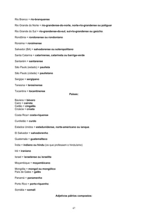 Rio Branco = rio-branquense

Rio Grande do Norte = rio-grandense-do-norte, norte-rio-grandense ou potiguar

Rio Grande do Sul = rio-grandense-do-sul, sul-rio-grandense ou gaúcho.

Rondônia = rondonense ou rondoniano

Roraima = roraimense

Salvador (BA) = salvadorense ou soteropolitano

Santa Catarina = catarinense, catarineta ou barriga-verde

Santarém = santarense

São Paulo (estado) = paulista

São Paulo (cidade) = paulistano

Sergipe = sergipano

Teresina = teresinense

Tocantins = tocantinense
                                             Países:

Baviera = bávaro
Cairo = cairota
Ceilão = cingalês
Croácia = croata

Costa Rica= costa-riquense

Curdistão = curdo

Estados Unidos = estadunidense, norte-americano ou ianque.

El Salvador = salvadorenho

Guatemala = guatemalteco

Índia = indiano ou hindu (os que professam o hinduísmo)

Irã = iraniano

Israel = israelense ou israelita

Moçambique = moçambicano

Mongólia = mongol ou mongólico
País de Gales = galês

Panamá = panamenho

Porto Rico = porto-riquenho

Somália = somali

                                   Adjetivos pátrios compostos:



                                                47
 