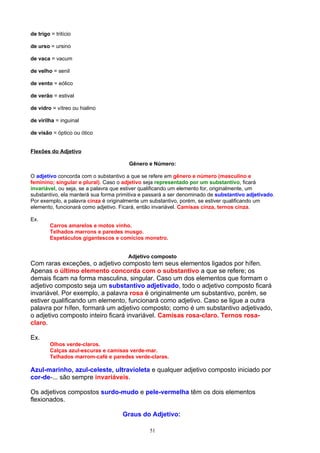 de trigo = tritício

de urso = ursino

de vaca = vacum

de velho = senil

de vento = eólico

de verão = estival

de vidro = vítreo ou hialino

de virilha = inguinal

de visão = óptico ou ótico


Flexões do Adjetivo

                                       Gênero e Número:

O adjetivo concorda com o substantivo a que se refere em gênero e número (masculino e
feminino; singular e plural). Caso o adjetivo seja representado por um substantivo, ficará
invariável, ou seja, se a palavra que estiver qualificando um elemento for, originalmente, um
substantivo, ela manterá sua forma primitiva e passará a ser denominado de substantivo adjetivado.
Por exemplo, a palavra cinza é originalmente um substantivo, porém, se estiver qualificando um
elemento, funcionará como adjetivo. Ficará, então invariável. Camisas cinza, ternos cinza.

Ex.
         Carros amarelos e motos vinho.
         Telhados marrons e paredes musgo.
         Espetáculos gigantescos e comícios monstro.


                                       Adjetivo composto
Com raras exceções, o adjetivo composto tem seus elementos ligados por hífen.
Apenas o último elemento concorda com o substantivo a que se refere; os
demais ficam na forma masculina, singular. Caso um dos elementos que formam o
adjetivo composto seja um substantivo adjetivado, todo o adjetivo composto ficará
invariável. Por exemplo, a palavra rosa é originalmente um substantivo, porém, se
estiver qualificando um elemento, funcionará como adjetivo. Caso se ligue a outra
palavra por hífen, formará um adjetivo composto; como é um substantivo adjetivado,
o adjetivo composto inteiro ficará invariável. Camisas rosa-claro. Ternos rosa-
claro.

Ex.
         Olhos verde-claros.
         Calças azul-escuras e camisas verde-mar.
         Telhados marrom-café e paredes verde-claras.

Azul-marinho, azul-celeste, ultravioleta e qualquer adjetivo composto iniciado por
cor-de-... são sempre invariáveis.

Os adjetivos compostos surdo-mudo e pele-vermelha têm os dois elementos
flexionados.

                                     Graus do Adjetivo:

                                               51
 