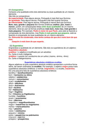01) Comparativo:
Compara uma qualidade entre dois elementos ou duas qualidade de um mesmo
elemento.
São três os comparativos:
de superioridade: Para alguns alunos, Português é mais fácil que Química.
de igualdade: Para alguns alunos, Português é tão fácil quanto Química.
de inferioridade: Para alguns alunos, Português é menos fácil que Química.
Bom, mau, grande e pequeno têm formas sintéticas (melhor, pior, maior e
menor), porém, em comparações feitas entre duas qualidades de um mesmo
elemento, deve-se usar as formas analíticas mais bom, mais mau, mais grande e
mais pequeno. Por exemplo, Pedro é maior do que Paulo, pois está se fazendo a
comparação de dois elementos, mas Pedro é mais grande que pequeno, está se
fazendo a comparação de duas qualidades de um mesmo elemento.
Ex. Edmundo foi condenado, mas tenho certeza de que ele é mais bom do que
mau.
    Joaquim é mais bom do que esperto.

 02) Superlativo:
Engrandece a qualidade de um elemento. São dois os superlativos de um adjetivo:
Superlativo absoluto:
analítico = o adjetivo é modificado por um advérbio:
Ex. Carla é muito inteligente.
sintético = quando há o acréscimo de um sufixo (-íssimo, -érrimo, -ílimo)
Ex. Carla é inteligentíssima.

                     Superlativos absolutos sintéticos eruditos
Alguns adjetivos no grau superlativo absoluto sintético apresentam a primitiva forma
latina, daí serem chamados de eruditos. Por exemplo, o adjetivo magro possui dois
superlativos absolutos sintéticos: o normal, magríssimo, e o erudito, macérrimo.
Eis uma pequena lista de superlativos absolutos sintéticos:
benéfico = beneficentíssimo
bom = boníssimo ou ótimo
célebre = celebérrimo
comum = comuníssimo
cruel = crudelíssimo
difícil = dificílimo
doce = dulcíssimo
fácil = facílimo
fiel = fidelíssimo
frágil = fragílimo
frio = friíssimo ou frigidíssimo
humilde = humílimo
jovem = juveníssimo
livre = libérrimo
magnífico = magnificentíssimo
magro = macérrimo ou magríssimo
manso = mansuetíssimo
mau = péssimo
nobre = nobilíssimo
pequeno = mínimo
pobre = paupérrimo ou pobríssimo
preguiçoso = pigérrimo
próspero = prospérrimo
                                         52
 