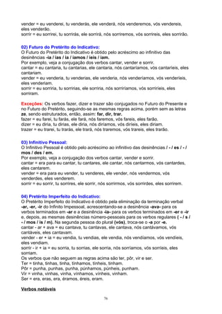 vender = eu venderei, tu venderás, ele venderá, nós venderemos, vós vendereis,
eles venderão.
sorrir = eu sorrirei, tu sorrirás, ele sorrirá, nós sorriremos, vós sorrireis, eles sorrirão.

02) Futuro do Pretérito do Indicativo:
O Futuro do Pretérito do Indicativo é obtido pelo acréscimo ao infinitivo das
desinências -ia / ias / ia / íamos / íeis / iam.
Por exemplo, veja a conjugação dos verbos cantar, vender e sorrir.
cantar = eu cantaria, tu cantarias, ele cantaria, nós cantaríamos, vós cantaríeis, eles
cantariam.
vender = eu venderia, tu venderias, ele venderia, nós venderíamos, vós venderíeis,
eles venderiam.
sorrir = eu sorriria, tu sorririas, ele sorriria, nós sorriríamos, vós sorriríeis, eles
sorriram.

Exceções: Os verbos fazer, dizer e trazer são conjugados no Futuro do Presente e
no Futuro do Pretérito, seguindo-se as mesmas regras acima, porém sem as letras
ze, sendo estruturados, então, assim: far, dir, trar.
fazer = eu farei, tu farás, ele fará, nós faremos, vós fareis, eles farão.
dizer = eu diria, tu dirias, ele diria, nós diríamos, vós diríeis, eles diriam.
trazer = eu trarei, tu trarás, ele trará, nós traremos, vós trareis, eles trarão.

03) Infinitivo Pessoal:
O Infinitivo Pessoal é obtido pelo acréscimo ao infinitivo das desinências / - / es / - /
mos / des / em.
Por exemplo, veja a conjugação dos verbos cantar, vender e sorrir.
cantar = era para eu cantar, tu cantares, ele cantar, nós cantarmos, vós cantardes,
eles cantarem.
vender = era para eu vender, tu venderes, ele vender, nós vendermos, vós
venderdes, eles venderem.
sorrir = eu sorrir, tu sorrires, ele sorrir, nós sorrirmos, vós sorrirdes, eles sorrirem.

04) Pretérito Imperfeito do Indicativo:
O Pretérito Imperfeito do Indicativo é obtido pela eliminação da terminação verbal
-ar, -er, -ir do Infinito Impessoal, acrescentando-se a desinência -ava- para os
verbos terminados em -ar e a desinência -ia- para os verbos terminados em -er e -ir
e, depois, as mesmas desinências número-pessoais para os verbos regulares ( - / s /
- / mos / is / m). Na segunda pessoa do plural (vós), troca-se o -a por -e.
cantar - ar + ava = eu cantava, tu cantavas, ele cantava, nós cantávamos, vós
cantáveis, eles cantavam.
vender - er + ia = eu vendia, tu vendias, ele vendia, nós vendíamos, vós vendíeis,
eles vendiam.
sorrir - ir + ia = eu sorria, tu sorrias, ele sorria, nós sorríamos, vós sorríeis, eles
sorriam.
Os verbos que não seguem as regras acima são ter, pôr, vir e ser.
Ter = tinha, tinhas, tinha, tínhamos, tínheis, tinham.
Pôr = punha, punhas, punha, púnhamos, púnheis, punham.
Vir = vinha, vinhas, vinha, vínhamos, vínheis, vinham.
Ser = era, eras, era, éramos, éreis, eram.

Verbos notáveis

                                              76
 