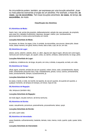 As circunstância podem, também, ser expressas por uma locução adverbial - duas
ou mais palavras exercendo a função de um advérbio. Por exemplo, a frase Ele, às
vezes, age às escondidas. Tem duas locuções adverbiais: às vezes, de tempo; às
escondidas, de modo.

                                    Classificação dos Advérbios


01) Advérbios de Modo:

Assim, bem, mal, acinte (de propósito, deliberadamente), adrede (de caso pensado, de propósito,
para esse fim), debalde (inutilmente), depressa, devagar, melhor, pior, bondosamente,
generosamente e muitos outros terminados em mente.

Locuções Adverbiais de Modo:

às pressas, às claras, às cegas, à toa, à vontade, às escondidas, aos poucos, desse jeito, desse
modo, dessa maneira, em geral, frente a frente, lado a lado, a pé, de cor, em vão.

02) Advérbios de Lugar:

abaixo, acima, adentro, adiante, afora, aí, além, algures (em algum lugar), alhures (em outro lugar),
nenhures (em nenhum lugar), ali, aquém, atrás, cá, dentro, embaixo, externamente, lá, longe, perto.

Locuções Adverbiais de Lugar:

a distância, à distância de, de longe, de perto, em cima, à direita, à esquerda, ao lado, em volta.

03) Advérbios de Tempo:

afinal, agora, amanhã, amiúde (de vez em quando), ontem, breve, cedo, constantemente, depois,
enfim, entrementes (enquanto isso), hoje, imediatamente, jamais, nunca, outrora, primeiramente,
tarde, provisoriamente, sempre, sucessivamente, já.

Locuções Adverbiais de Tempo:

às vezes, à tarde, à noite, de manhã, de repente, de vez em quando, de quando em quando, a
qualquer momento, de tempos em tempos, em breve, hoje em dia.

04) Advérbios de Negação:

não, tampouco (também não).

Locuções Adverbiais de Negação:

de modo algum, de jeito nenhum, de forma nenhuma.

05) Advérbios de Dúvida:

acaso, casualmente, porventura, possivelmente, provavelmente, talvez, quiçá.

Locuções Adverbiais de Dúvida:

por certo, quem sabe.

06) Advérbios de Intensidade:

assaz (bastante, suficientemente), bastante, demais, mais, menos, muito, quanto, quão, quase, tanto,
pouco.

Locuções Adverbiais de Intensidade:

                                                   86
 