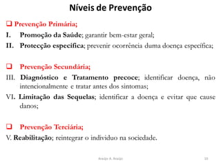 Níveis de Prevenção
❑ Prevenção Primária;
I. Promoção da Saúde; garantir bem-estar geral;
II. Protecção específica; prevenir ocorrência duma doença específica;
❑ Prevenção Secundária;
III. Diagnóstico e Tratamento precoce; identificar doença, não
intencionalmente e tratar antes dos sintomas;
VI. Limitação das Sequelas; identificar a doença e evitar que cause
danos;
❑ Prevenção Terciária;
V. Reabilitação; reintegrar o individuo na sociedade.
10Araújo A. Araújo
 