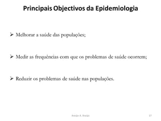 Principais Objectivos da Epidemiologia
➢ Melhorar a saúde das populações;
➢ Medir as frequências com que os problemas de saúde ocorrem;
➢ Reduzir os problemas de saúde nas populações.
17Araújo A. Araújo
 