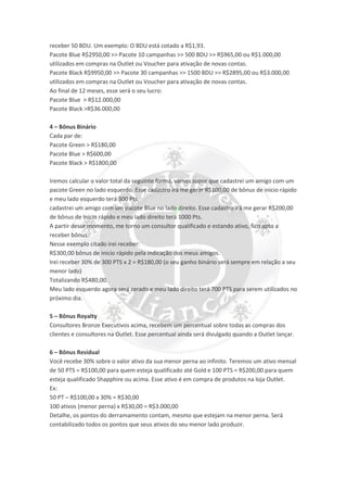 receber 50 BDU. Um exemplo: O BDU está cotado a R$1,93.
Pacote Blue R$2950,00 >> Pacote 10 campanhas >> 500 BDU >> R$965,00 ou R$1.000,00
utilizados em compras na Outlet ou Voucher para ativação de novas contas.
Pacote Black R$9950,00 >> Pacote 30 campanhas >> 1500 BDU >> R$2895,00 ou R$3.000,00
utilizados em compras na Outlet ou Voucher para ativação de novas contas.
Ao final de 12 meses, esse será o seu lucro:
Pacote Blue > R$12.000,00
Pacote Black >R$36.000,00
4 – Bônus Binário
Cada par de:
Pacote Green > R$180,00
Pacote Blue > R$600,00
Pacote Black > R$1800,00
Iremos calcular o valor total da seguinte forma, vamos supor que cadastrei um amigo com um
pacote Green no lado esquerdo. Esse cadastro irá me gerar R$100,00 de bônus de inicio rápido
e meu lado esquerdo terá 300 Pts.
cadastrei um amigo com um pacote Blue no lado direito. Esse cadastro irá me gerar R$200,00
de bônus de inicio rápido e meu lado direito terá 1000 Pts.
A partir desse momento, me torno um consultor qualificado e estando ativo, fico apto a
receber bônus.
Nesse exemplo citado irei receber:
R$300,00 bônus de inicio rápido pela indicação dos meus amigos.
Irei receber 30% de 300 PTS x 2 = R$180,00 (o seu ganho binário será sempre em relação a seu
menor lado)
Totalizando R$480,00.
Meu lado esquerdo agora será zerado e meu lado direito terá 700 PTS para serem utilizados no
próximo dia.
5 – Bônus Royalty
Consultores Bronze Executivos acima, recebem um percentual sobre todas as compras dos
clientes e consultores na Outlet. Esse percentual ainda será divulgado quando a Outlet lançar.
6 – Bônus Residual
Você recebe 30% sobre o valor ativo da sua menor perna ao infinito. Teremos um ativo mensal
de 50 PTS = R$100,00 para quem esteja qualificado até Gold e 100 PTS = R$200,00 para quem
esteja qualificado Shapphire ou acima. Esse ativo é em compra de produtos na loja Outlet.
Ex:
50 PT – R$100,00 x 30% = R$30,00
100 ativos (menor perna) x R$30,00 = R$3.000,00
Detalhe, os pontos do derramamento contam, mesmo que estejam na menor perna. Será
contabilizado todos os pontos que seus ativos do seu menor lado produzir.
 