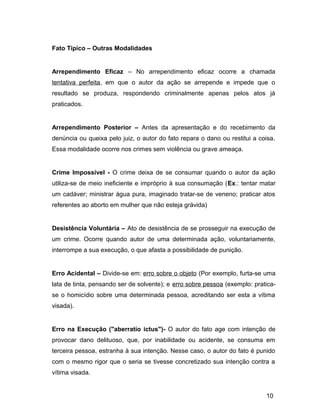 Fato Típico – Outras Modalidades
Arrependimento Eficaz – No arrependimento eficaz ocorre a chamada
tentativa perfeita, em que o autor da ação se arrepende e impede que o
resultado se produza, respondendo criminalmente apenas pelos atos já
praticados.
Arrependimento Posterior – Antes da apresentação e do recebimento da
denúncia ou queixa pelo juiz, o autor do fato repara o dano ou restitui a coisa.
Essa modalidade ocorre nos crimes sem violência ou grave ameaça.
Crime Impossível - O crime deixa de se consumar quando o autor da ação
utiliza-se de meio ineficiente e impróprio à sua consumação (Ex.: tentar matar
um cadáver; ministrar água pura, imaginado tratar-se de veneno; praticar atos
referentes ao aborto em mulher que não esteja grávida)
Desistência Voluntária – Ato de desistência de se prosseguir na execução de
um crime. Ocorre quando autor de uma determinada ação, voluntariamente,
interrompe a sua execução, o que afasta a possibilidade de punição.
Erro Acidental – Divide-se em: erro sobre o objeto (Por exemplo, furta-se uma
lata de tinta, pensando ser de solvente); e erro sobre pessoa (exemplo: pratica-
se o homicídio sobre uma determinada pessoa, acreditando ser esta a vítima
visada).
Erro na Execução ("aberratio ictus")- O autor do fato age com intenção de
provocar dano delituoso, que, por inabilidade ou acidente, se consuma em
terceira pessoa, estranha à sua intenção. Nesse caso, o autor do fato é punido
com o mesmo rigor que o seria se tivesse concretizado sua intenção contra a
vítima visada.
10
 