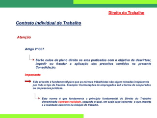 Atenção
Artigo 9º CLT
Serão nulos de pleno direito os atos praticados com o objetivo de desvirtuar,
impedir ou fraudar a aplicação dos preceitos contidos na presente
Consolidação.
Importante
Este preceito é fundamental para que as normas trabalhistas não sejam tornadas inoperantes
por todo o tipo de fraudes. Exemplo: Contratações de empregados sob a forma de cooperados
ou de pessoas jurídicas.
Esta norma é que fundamenta o princípio fundamental do Direito do Trabalho
denominado contrato realidade, segundo o qual, em cada caso concreto o que importa
é a realidade existente na relação de trabalho.
Direito do Trabalho
Contrato Individual de Trabalho
 