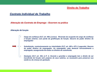 Alteração do Contrato de Emprego - Ocorrem na prática
Alteração de função
• Cargo de confiança (CLT, art. 468, § único). Reversão do ocupante do cargo de confiança
à função anterior, com perda da gratificação de função. Decorre do poder diretivo do
empregador
• Substituição, comissionamento ou interinidade (CLT, art. 450 e 475, § segundo). Decorre
do poder diretivo do empregador. Ao empregador cabe deslocar funcionalmente o
empregado, assegurando-lhe todos os direitos do substituído.
• Gestação (CLT, art. 392, § 4º, I). Durante a gravidez a empregada tem o direito de ser
transferida de função sem prejuízo de seus salários, se necessário para preservar sua
saúde ou da criança em gestação.
Direito do Trabalho
Contrato Individual de Trabalho
 