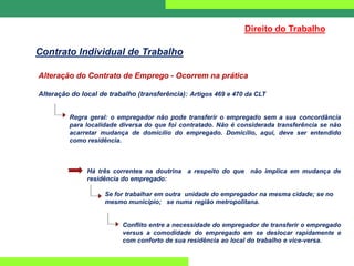 Alteração do Contrato de Emprego - Ocorrem na prática
Alteração do local de trabalho (transferência): Artigos 469 e 470 da CLT
Regra geral: o empregador não pode transferir o empregado sem a sua concordância
para localidade diversa do que foi contratado. Não é considerada transferência se não
acarretar mudança de domicílio do empregado. Domicílio, aqui, deve ser entendido
como residência.
Há três correntes na doutrina a respeito do que não implica em mudança de
residência do empregado:
Se for trabalhar em outra unidade do empregador na mesma cidade; se no
mesmo município; se numa região metropolitana.
Conflito entre a necessidade do empregador de transferir o empregado
versus a comodidade do empregado em se deslocar rapidamente e
com conforto de sua residência ao local do trabalho e vice-versa.
Direito do Trabalho
Contrato Individual de Trabalho
 