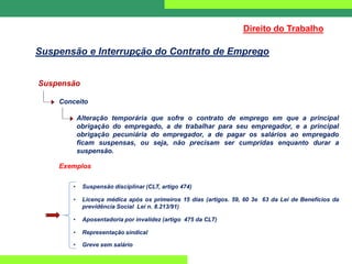 Suspensão
Conceito
Alteração temporária que sofre o contrato de emprego em que a principal
obrigação do empregado, a de trabalhar para seu empregador, e a principal
obrigação pecuniária do empregador, a de pagar os salários ao empregado
ficam suspensas, ou seja, não precisam ser cumpridas enquanto durar a
suspensão.
Exemplos
• Suspensão disciplinar (CLT, artigo 474)
• Licença médica após os primeiros 15 dias (artigos. 59, 60 3e 63 da Lei de Benefícios da
previdência Social Lei n. 8.213/91)
• Aposentadoria por invalidez (artigo 475 da CLT)
• Representação sindical
• Greve sem salário
Direito do Trabalho
Suspensão e Interrupção do Contrato de Emprego
 