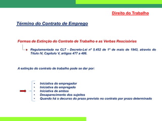 Formas de Extinção do Contrato de Trabalho e as Verbas Rescisórias
Regulamentada na CLT - Decreto-Lei nº 5.452 de 1º de maio de 1943, através do
Título IV, Capítulo V, artigos 477 a 486.
A extinção do contrato de trabalho pode se dar por:
• Iniciativa do empregador
• Iniciativa do empregado
• Iniciativa de ambos
• Desaparecimento dos sujeitos
• Quando há o decurso do prazo previsto no contrato por prazo determinado
Direito do Trabalho
Término do Contrato de Emprego
 
