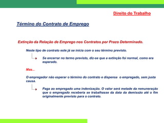 Extinção da Relação de Emprego nos Contratos por Prazo Determinado.
Neste tipo de contrato este já se inicia com o seu término previsto.
Se encerrar no termo previsto, diz-se que a extinção foi normal, como era
esperado.
Mas...
O empregador não esperar o término do contrato e dispensa o empregado, sem justa
causa.
Paga ao empregado uma indenização. O valor será metade da remuneração
que o empregado receberia se trabalhasse da data da demissão até o fim
originalmente previsto para o contrato.
Direito do Trabalho
Término do Contrato de Emprego
 