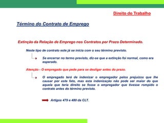 Extinção da Relação de Emprego nos Contratos por Prazo Determinado.
Neste tipo de contrato este já se inicia com o seu término previsto.
Se encerrar no termo previsto, diz-se que a extinção foi normal, como era
esperado.
Atenção - O empregado que pede para se desligar antes do prazo.
O empregado terá de indenizar o empregador pelos prejuízos que lhe
causar por este fato, mas esta indenização não pode ser maior do que
aquela que teria direito se fosse o empregador que tivesse rompido o
contrato antes do término previsto.
Artigos 479 e 480 da CLT.
Direito do Trabalho
Término do Contrato de Emprego
 