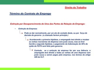 Extinção por Desaparecimento de Uma das Partes da Relação de Emprego:
• Extinção da Empresa:
Pode se dar normalmente, por um ato de vontade desta, ou por força de
decisão do governo (o chamado factum principis.)
Acontecendo a primeira hipótese, o empregado terá direito a receber
as verbas rescisórias da dispensa sem justa causa, mas se tiver
havido a segunda hipótese, o pagamento da Indenização de 40% do
saldo do FGTS será feito pelo governo.
Contudo, se a extinção da empresa for por sua falência, o
empregado terá direito a todas as verbas de uma dispensa sem
justa causa a serem pagas pela empresa, nos termos do artigo
449 da CLT.
Direito do Trabalho
Término do Contrato de Emprego
 