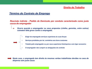 Rescisão indireta - Pedido de Demissão por conduta caracterizada como justa
causa do empregador
Ocorre quando o empregador ou seus prepostos (chefes, gerentes, entre outros)
cometem falta grave contra o empregado.
• Exigir do empregado serviços superiores às suas forças
• Serviços proibidos por lei, contrários aos bons costumes
• Tratado pelo empregador ou por seus superiores hierárquicos com rigor excessivo
• O empregador não cumprir as obrigações do contrato
Neste caso, o empregado tem direito às mesmas verbas trabalhistas devidas no caso de
dispensa sem justa causa.
Direito do Trabalho
Término do Contrato de Emprego
 