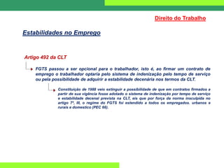Artigo 492 da CLT
FGTS passou a ser opcional para o trabalhador, isto é, ao firmar um contrato de
emprego o trabalhador optaria pelo sistema de indenização pelo tempo de serviço
ou pela possibilidade de adquirir a estabilidade decenária nos termos da CLT.
Constituição de 1988 veio extinguir a possibilidade de que em contratos firmados a
partir de sua vigência fosse adotado o sistema de indenização por tempo de serviço
e estabilidade decenal prevista na CLT, eis que por força da norma insculpida no
artigo 7º, III, o regime do FGTS foi estendido a todos os empregados. urbanos e
rurais e domestico (PEC 66).
Direito do Trabalho
Estabilidades no Emprego
 