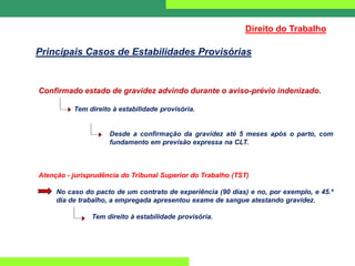 Confirmado estado de gravidez advindo durante o aviso-prévio indenizado.
Tem direito à estabilidade provisória.
Desde a confirmação da gravidez até 5 meses após o parto, com
fundamento em previsão expressa na CLT.
Atenção - jurisprudência do Tribunal Superior do Trabalho (TST)
No caso do pacto de um contrato de experiência (90 dias) e no, por exemplo, e 45.º
dia de trabalho, a empregada apresentou exame de sangue atestando gravidez.
Tem direito à estabilidade provisória.
Direito do Trabalho
Principais Casos de Estabilidades Provisórias
 