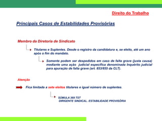 Membro da Diretoria de Sindicato
Titulares e Suplentes. Desde o registro da candidatura e, se eleito, até um ano
após o fim do mandato.
Somente podem ser despedidos em caso de falta grave (justa causa)
mediante uma ação judicial específica denominada Inquérito judicial
para apuração de falta grave (art. 853/855 da CLT).
Atenção
Fica limitada a sete eleitos titulares e igual número de suplentes.
SÚMULA 369 TST
DIRIGENTE SINDICAL. ESTABILIDADE PROVISÓRIA
Direito do Trabalho
Principais Casos de Estabilidades Provisórias
 