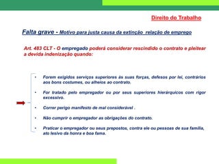 Art. 483 CLT - O empregado poderá considerar rescindido o contrato e pleitear
a devida indenização quando:
• Forem exigidos serviços superiores às suas forças, defesos por lei, contrários
aos bons costumes, ou alheios ao contrato.
• For tratado pelo empregador ou por seus superiores hierárquicos com rigor
excessivo.
• Correr perigo manifesto de mal considerável .
• Não cumprir o empregador as obrigações do contrato.
• Praticar o empregador ou seus prepostos, contra ele ou pessoas de sua família,
ato lesivo da honra e boa fama.
Direito do Trabalho
Falta grave - Motivo para justa causa da extinção relação de emprego
 