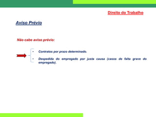 Não cabe aviso prévio:
• Contratos por prazo determinado.
• Despedida do empregado por justa causa (casos de falta grave do
empregado).
Direito do Trabalho
Aviso Prévio
 