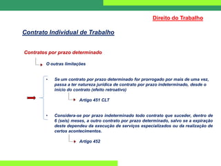 Contratos por prazo determinado
O outras limitações
• Se um contrato por prazo determinado for prorrogado por mais de uma vez,
passa a ter natureza jurídica de contrato por prazo indeterminado, desde o
início do contrato (efeito retroativo)
Artigo 451 CLT
• Considera-se por prazo indeterminado todo contrato que suceder, dentro de
6 (seis) meses, a outro contrato por prazo determinado, salvo se a expiração
deste dependeu da execução de serviços especializados ou da realização de
certos acontecimentos.
Artigo 452
Direito do Trabalho
Contrato Individual de Trabalho
 