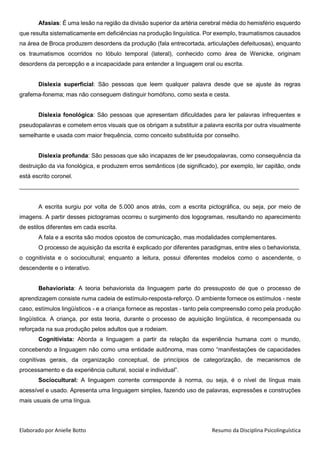Elaborado por Anielle Botto Resumo da Disciplina Psicolinguística
Afasias: É uma lesão na região da divisão superior da artéria cerebral média do hemisfério esquerdo
que resulta sistematicamente em deficiências na produção linguística. Por exemplo, traumatismos causados
na área de Broca produzem desordens da produção (fala entrecortada, articulações defeituosas), enquanto
os traumatismos ocorridos no lóbulo temporal (lateral), conhecido como área de Wenicke, originam
desordens da percepção e a incapacidade para entender a linguagem oral ou escrita.
Dislexia superficial: São pessoas que leem qualquer palavra desde que se ajuste às regras
grafema-fonema; mas não conseguem distinguir homófono, como sexta e cesta.
Dislexia fonológica: São pessoas que apresentam dificuldades para ler palavras infrequentes e
pseudopalavras e cometem erros visuais que os obrigam a substituir a palavra escrita por outra visualmente
semelhante e usada com maior frequência, como conceito substituída por conselho.
Dislexia profunda: São pessoas que são incapazes de ler pseudopalavras, como consequência da
destruição da via fonológica, e produzem erros semânticos (de significado), por exemplo, ler capitão, onde
está escrito coronel.
_____________________________________________________________________________________
A escrita surgiu por volta de 5.000 anos atrás, com a escrita pictográfica, ou seja, por meio de
imagens. A partir desses pictogramas ocorreu o surgimento dos logogramas, resultando no aparecimento
de estilos diferentes em cada escrita.
A fala e a escrita são modos opostos de comunicação, mas modalidades complementares.
O processo de aquisição da escrita é explicado por diferentes paradigmas, entre eles o behaviorista,
o cognitivista e o sociocultural; enquanto a leitura, possui diferentes modelos como o ascendente, o
descendente e o interativo.
Behaviorista: A teoria behaviorista da linguagem parte do pressuposto de que o processo de
aprendizagem consiste numa cadeia de estímulo-resposta-reforço. O ambiente fornece os estímulos - neste
caso, estímulos linguísticos - e a criança fornece as repostas - tanto pela compreensão como pela produção
linguística. A criança, por esta teoria, durante o processo de aquisição linguística, é recompensada ou
reforçada na sua produção pelos adultos que a rodeiam.
Cognitivista: Aborda a linguagem a partir da relação da experiência humana com o mundo,
concebendo a linguagem não como uma entidade autônoma, mas como “manifestações de capacidades
cognitivas gerais, da organização conceptual, de princípios de categorização, de mecanismos de
processamento e da experiência cultural, social e individual”.
Sociocultural: A linguagem corrente corresponde à norma, ou seja, é o nível de língua mais
acessível e usado. Apresenta uma linguagem simples, fazendo uso de palavras, expressões e construções
mais usuais de uma língua.
 