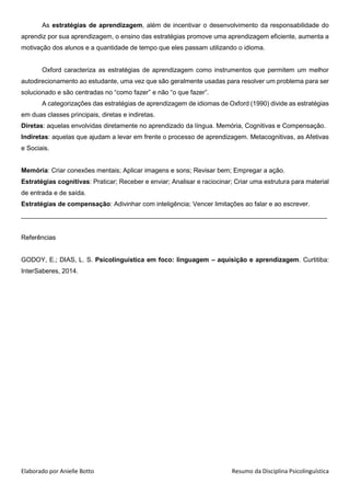 Elaborado por Anielle Botto Resumo da Disciplina Psicolinguística
As estratégias de aprendizagem, além de incentivar o desenvolvimento da responsabilidade do
aprendiz por sua aprendizagem, o ensino das estratégias promove uma aprendizagem eficiente, aumenta a
motivação dos alunos e a quantidade de tempo que eles passam utilizando o idioma.
Oxford caracteriza as estratégias de aprendizagem como instrumentos que permitem um melhor
autodirecionamento ao estudante, uma vez que são geralmente usadas para resolver um problema para ser
solucionado e são centradas no “como fazer” e não “o que fazer”.
A categorizações das estratégias de aprendizagem de idiomas de Oxford (1990) divide as estratégias
em duas classes principais, diretas e indiretas.
Diretas: aquelas envolvidas diretamente no aprendizado da língua. Memória, Cognitivas e Compensação.
Indiretas: aquelas que ajudam a levar em frente o processo de aprendizagem. Metacognitivas, as Afetivas
e Sociais.
Diretas
Memória: Criar conexões mentais; Aplicar imagens e sons; Revisar bem; Empregar a ação.
Estratégias cognitivas: Praticar; Receber e enviar; Analisar e raciocinar; Criar uma estrutura para material
de entrada e de saída.
Estratégias de compensação: Adivinhar com inteligência; Vencer limitações ao falar e ao escrever.
Indiretas
Metacognitivas: Focar a aprendizagem; Organizar e planejar a aprendizagem própria; Avaliar a
aprendizagem própria.
Afetivas: Diminuir a ansiedade; Estimular a si próprio; Avaliar a aprendizagem.
Sociais: Fazer perguntas; Cooperar e simpatizar com os demais.
_____________________________________________________________________________________
Referências
GODOY, E.; DIAS, L. S. Psicolinguística em foco: linguagem – aquisição e aprendizagem. Curtitiba:
InterSaberes, 2014.
 