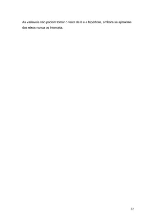 As variáveis não podem tomar o valor de 0 e a hipérbole, embora se aproxime
dos eixos nunca os interceta.




                                                                          22
 