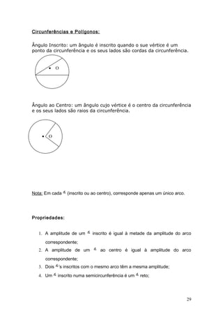 Circunferências e Polígonos:


Ângulo Inscrito: um ângulo é inscrito quando o sue vértice é um
ponto da circunferência e os seus lados são cordas da circunferência.


         •   O




Ângulo ao Centro: um ângulo cujo vértice é o centro da circunferência
e os seus lados são raios da circunferência.




    •    O




Nota: Em cada     (inscrito ou ao centro), corresponde apenas um único arco.




Propriedades:


  1. A amplitude de um        inscrito é igual à metade da amplitude do arco
        correspondente;
  2. A amplitude de um            ao centro é igual à amplitude do arco
        correspondente;
  3. Dois ’s inscritos com o mesmo arco têm a mesma amplitude;
  4. Um      inscrito numa semicircunferência é um   reto;




                                                                               29
 