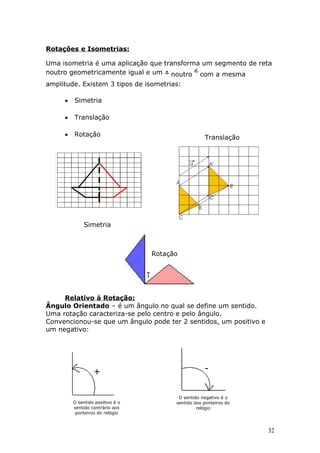 Rotações e Isometrias:

Uma isometria é uma aplicação que transforma um segmento de reta
noutro geometricamente igual e um noutro com a mesma
amplitude. Existem 3 tipos de isometrias:

     •   Simetria

     •   Translação

     •   Rotação                                    Translação




              Simetria



                                  Rotação




     Relativo á Rotação:
Ângulo Orientado – é um ângulo no qual se define um sentido.
Uma rotação caracteriza-se pelo centro e pelo ângulo.
Convencionou-se que um ângulo pode ter 2 sentidos, um positivo e
um negativo:




                  +                                 -

                                         O sentido negativo é o
         O sentido positivo é o         sentido dos ponteiros do
         sentido contrário aos                   relógio
          ponteiros do relógio



                                                                   32
 