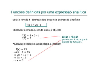 Funções definidas por uma expressão analítica Seja a função f  definida pela seguinte expressão analítica f(x ) = 2x -1 Calcular a imagem sendo dado o objecto f(3) = 2 x 3 -1  f(3) = 5 Calcular o objecto sendo dada a imagem f(x) = 15  2x – 1 = 15    2x = 15 + 1    2x = 16    x = 8 (3;5)  e  (8;15)  pertencem à recta que é gráfico da função f. 