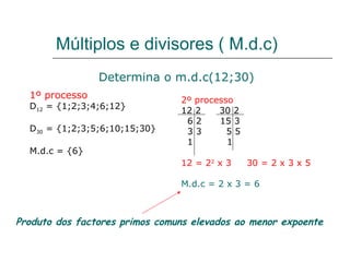 Múltiplos e divisores ( M.d.c) 1º processo D 12  = {1;2;3;4;6;12}  D 30  = {1;2;3;5;6;10;15;30} M.d.c = {6} Determina o m.d.c(12;30) 2º processo 12 2  30 2 6 2  15 3 3 3  5 5 1  1 12 = 2 2  x 3  30 = 2 x 3 x 5 M.d.c = 2 x 3 = 6 Produto dos factores primos comuns elevados ao menor expoente 