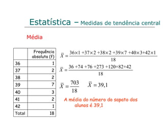 Estatística –   Medidas de tendência central Média A média do número do sapato   dos alunos é 39,1 1 36 2 37 Frequência absoluta (f) 18 1 2 3 7 2 Total 42 41 40 39 38 