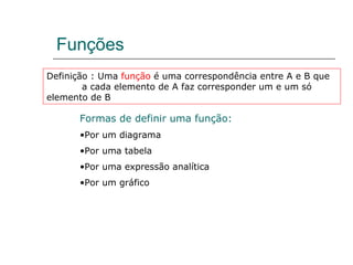 Funções Definição : Uma  função  é uma correspondência entre A e B que  a cada elemento de A faz corresponder um e um só  elemento de B Formas de definir uma função: Por um diagrama Por uma tabela Por uma expressão analítica Por um gráfico 