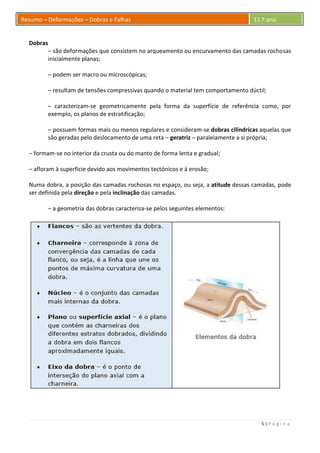 5 | P á g i n a
Resumo – Deformações – Dobras e Falhas 11.º ano
Dobras
– são deformações que consistem no arqueamento ou encurvamento das camadas rochosas
inicialmente planas;
– podem ser macro ou microscópicas;
– resultam de tensões compressivas quando o material tem comportamento dúctil;
– caracterizam-se geometricamente pela forma da superfície de referência como, por
exemplo, os planos de estratificação;
– possuem formas mais ou menos regulares e consideram-se dobras cilíndricas aquelas que
são geradas pelo deslocamento de uma reta – geratriz – paralelamente a si própria;
– formam-se no interior da crusta ou do manto de forma lenta e gradual;
– afloram à superfície devido aos movimentos tectónicos e à erosão;
Numa dobra, a posição das camadas rochosas no espaço, ou seja, a atitude dessas camadas, pode
ser definida pela direção e pela inclinação das camadas.
– a geometria das dobras caracteriza-se pelos seguintes elementos:
 