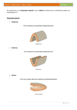 6 | P á g i n a
Resumo – Deformações – Dobras e Falhas 11.º ano
De acordo com a sua disposição espacial e com a idade das rochas que as constituem, podem ser
classificadas em:
Disposição espacial
 Antiforma
 Sinforma
 Neutra
 