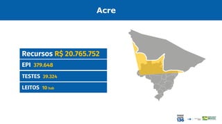 EPI 379.648
Recursos R$ 20.765.752
TESTES 39.324
LEITOS 10 hab
Acre
 