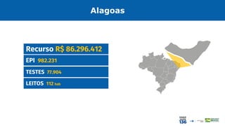 EPI 982.231
Recurso R$ 86.296.412
TESTES 77.904
LEITOS 112 hab
Alagoas
 