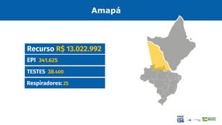 EPI 341.625
Recurso R$ 13.022.992
TESTES 38.400
Amapá
Respiradores: 25
 