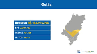 Goiás
EPI 2.007.730
Recurso R$ 152.914.195
TESTES 131.456
LEITOS 139 hab
 