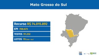 Mato Grosso do Sul
EPI 708.673
Recurso R$ 74.015.892
TESTES 91.232
LEITOS 70 (hab + loc)
 