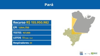 EPI 1.844.750
Recurso R$ 155.950.982
TESTES 167.888
LEITOS 72 (hab + loc)
Pará
Respiradores: 20
 