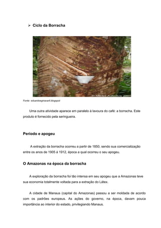  Ciclo da Borracha
Fonte: eduardoeginacarli.blogspot
Uma outra atividade aparece em paralelo á lavoura do café: a borracha. Este
produto é fornecido pela seringueira.
Período e apogeu
A extração da borracha ocorreu a partir de 1850, sendo sua comercialização
entre os anos de 1905 á 1912, época a qual ocorreu o seu apogeu.
O Amazonas na época da borracha
A exploração da borracha foi tão intensa em seu apogeu que a Amazonas teve
sua economia totalmente voltada para a extração do Látex.
A cidade de Manaus (capital do Amazonas) passou a ser moldada de acordo
com os padrões europeus. As ações do governo, na época, davam pouca
importância ao interior do estado, privilegiando Manaus.
 